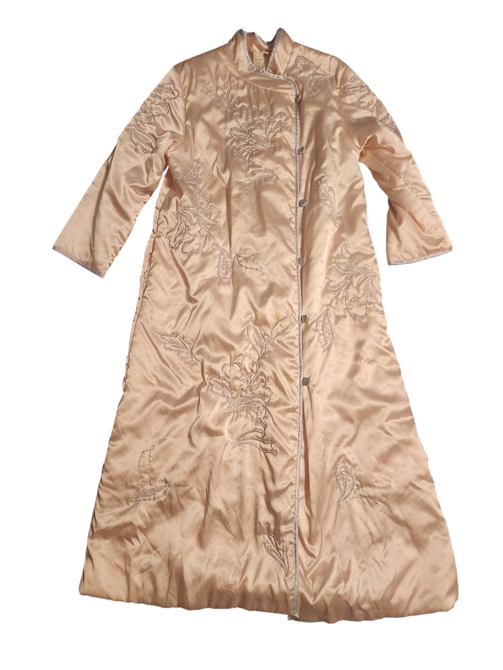 Natori Long Embroidered Satin Robe in Blush Peach